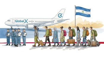 Personas con maletas y mochilas caminan en fila junto a un avión Global X y una bandera de Nicaragua, observadas por hombres uniformados con papeles.