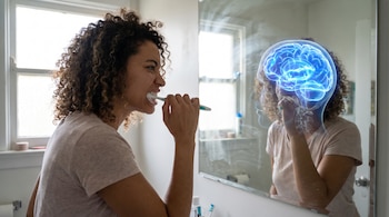 Una mujer se cepilla los dientes con la mano izquierda frente a un espejo. En su reflejo, un cerebro azul brillante se superpone a su cabeza.