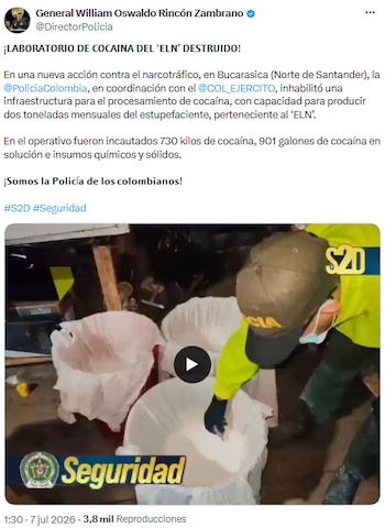Policía y Ejército desmantelaron laboratorio de cocaína del ELN en Bucarasica - crédito @DirectorPolicia/X