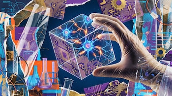 Mano enguantada sosteniendo un cubo transparente con neuronas y circuitos electrónicos. Fondo de collage digital con elementos de laboratorio y diseños tecnológicos.