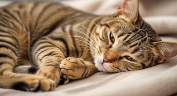 Primer plano de un gato atigrado de color marrón y negro recostado sobre una manta clara, con los ojos entrecerrados y las patas delanteras dobladas.