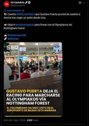 Gustavo Puerta dejará Racing tras el pago de su cláusula y fichará por Nottingham Forest-crédito @AsCantabria/X