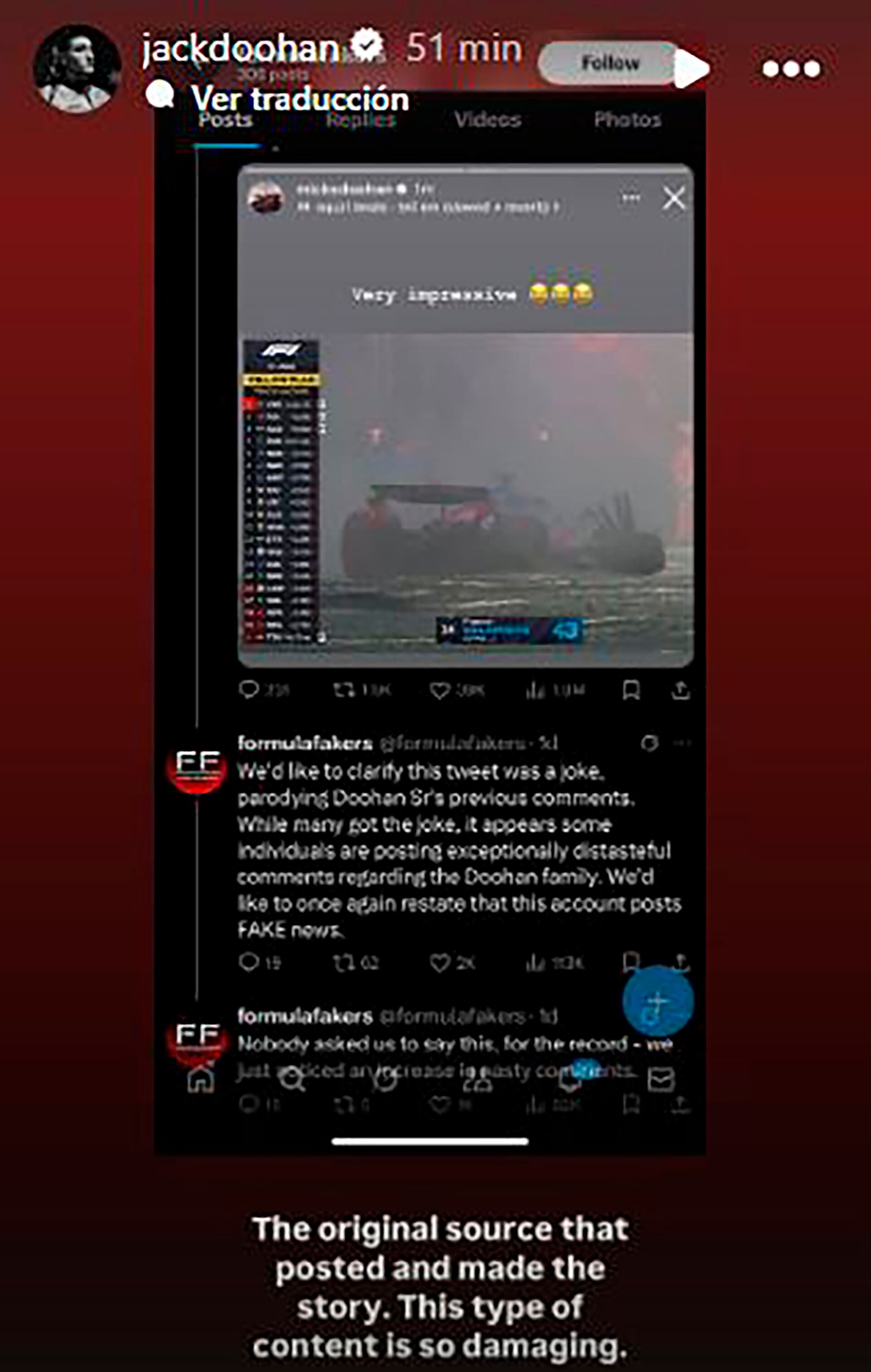 La imagen que subió Doohan sobre el falso posteo que se viralizó