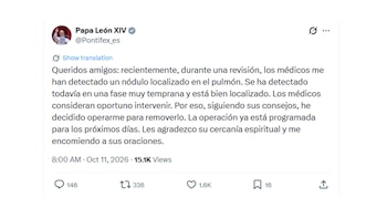 El papa León XIV anunció que será operado por un nódulo en el pulmón
