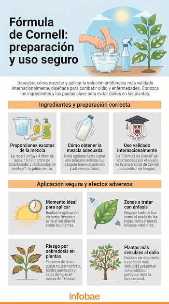 Infografía con ilustraciones de preparación y aplicación de fungicida: manos, ingredientes, pulverizador, plantas, gorro de Cornell, sol, reloj.
