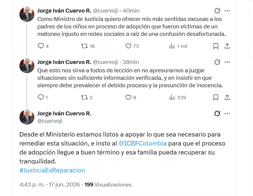 El ministro de Justicia lamentó lo registrado en Bogotá - crédito @cuervoji/X