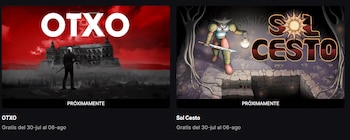 Dos paneles de videojuegos. Izquierda: Título OTXO, figura con espada y edificio oscuro. Derecha: Título Sol Cesto, guerrero con espada y linterna en bosque