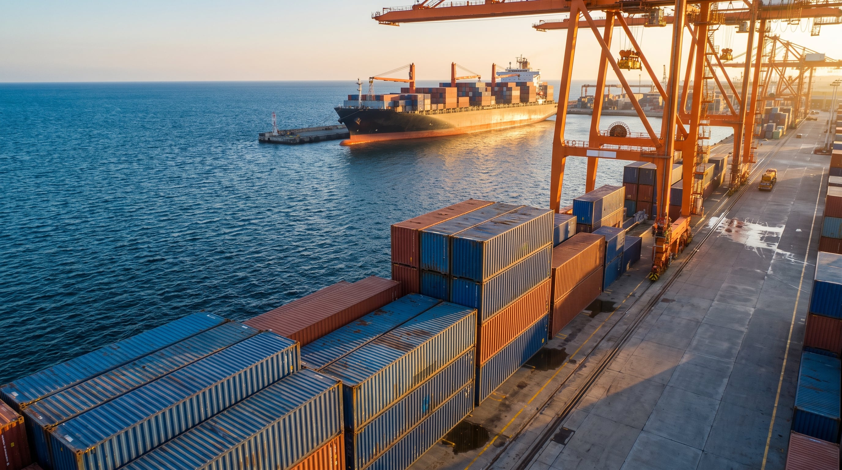 Un puerto de carga alberga filas de contenedores metálicos y un buque mercante atracado junto al muelle durante el atardecer. (Imagen Ilustrativa Infobae)
