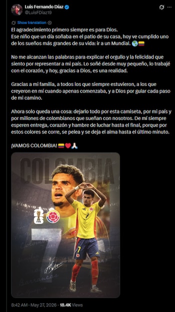 La convocatoria de Díaz coincide con un importante momento tras su temporada con el Bayern Múnich-crédito @LuisFDiaz19/X