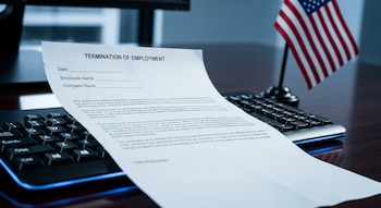 Primer plano de una carta de despido con el título "TERMINATION OF EMPLOYMENT" sobre un teclado de computadora; se ve una bandera de Estados Unidos al fondo.