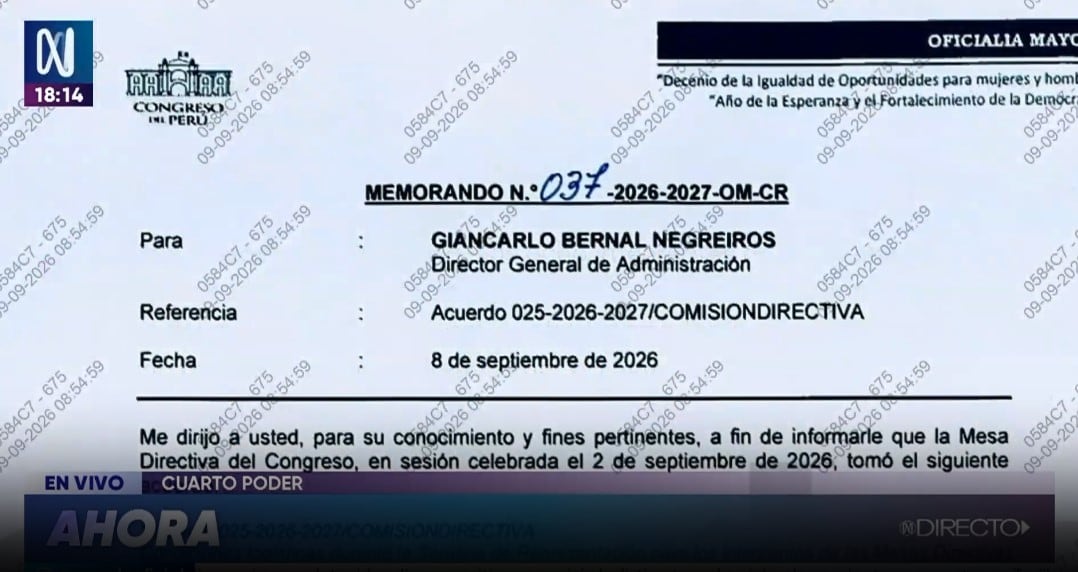 Congreso permitirá a sus directivos viajar con cuatro asesores pagados por el Estado. Captura: Cuarto Poder.