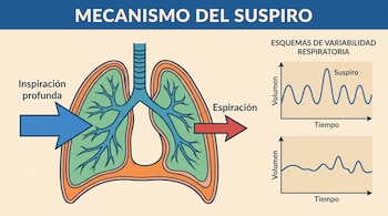 Ilustración de pulmones con flechas de inspiración y espiración. Dos gráficos de volumen respiratorio versus tiempo; uno incluye un suspiro marcado.