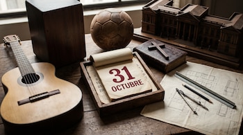 Calendario con la fecha 31 de octubre junto a una guitarra, un cajón, un balón de cuero, un libro con una cruz, planos y una maqueta de madera.