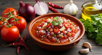 Un cuenco de salsa con tomate picado, cebolla, chile y cilantro. Alrededor, tomates, cebollas rojas, chiles secos y frescos, ajos y aceite de oliva.