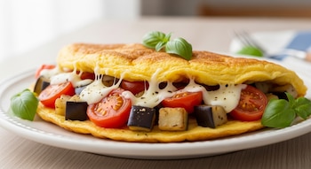 Un omelette amarillo relleno de cubos de berenjena, tomates cherry rojos cortados a la mitad, queso mozzarella fundido y hojas de albahaca fresca en un plato blanco.