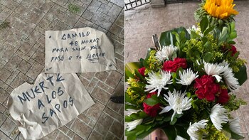 Con panfletos y un ramo