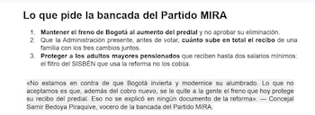 El partido solicitó que la Administración detalle el impacto conjunto de los cambios tributarios en los recibos de los hogares - crédito Prensa Partido MIRA