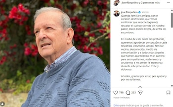 El periodista José Fernando Patiño confirmó en sus redes sociales que, tras 48 horas de búsqueda, su familia logró recuperar el cuerpo de su padre, Darío Patiño Rivera - crédito @josefdopatino/X