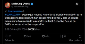 El estadígrafo español advirtió que la eliminación de Deportes Tolima en la Copa Libertadores 2026 extendió a 10 ediciones la sequía del fútbol colombiano sin títulos-crédito @2010MisterChip/X