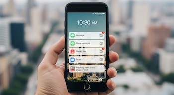 Una mano sostiene un teléfono móvil negro con la pantalla encendida. La pantalla muestra la hora y notificaciones de mensajes, likes, correo y noticias.