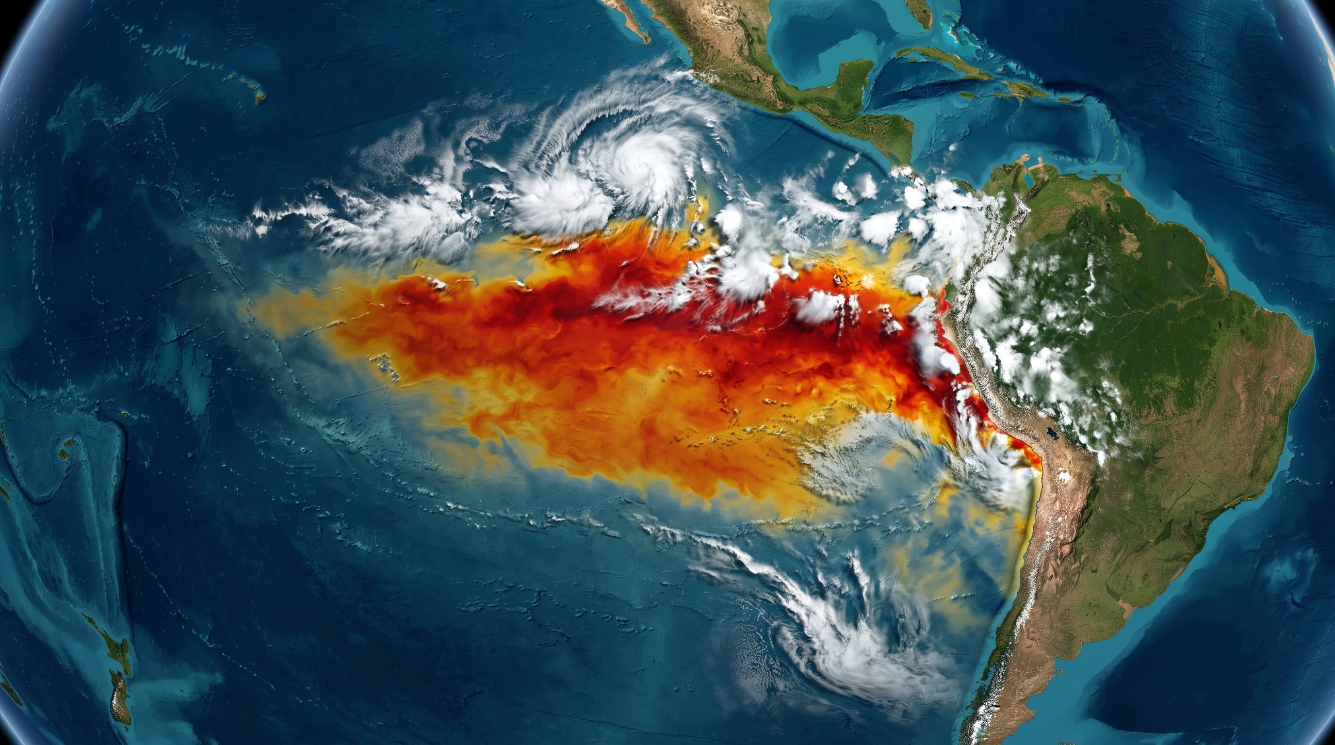 Un mapa satelital ilustra el calentamiento de las aguas del océano Pacífico ecuatorial y la formación de nubes asociadas al fenómeno de El Niño frente a Sudamérica. (Imagen Ilustrativa Infobae)