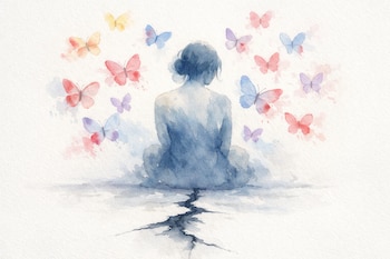 Acuarela: mujer de espaldas en tonos grises y azules. Mariposas amarillas, azules, lavanda y rosas con manchas rojas vuelan. Grieta oscura en el suelo.