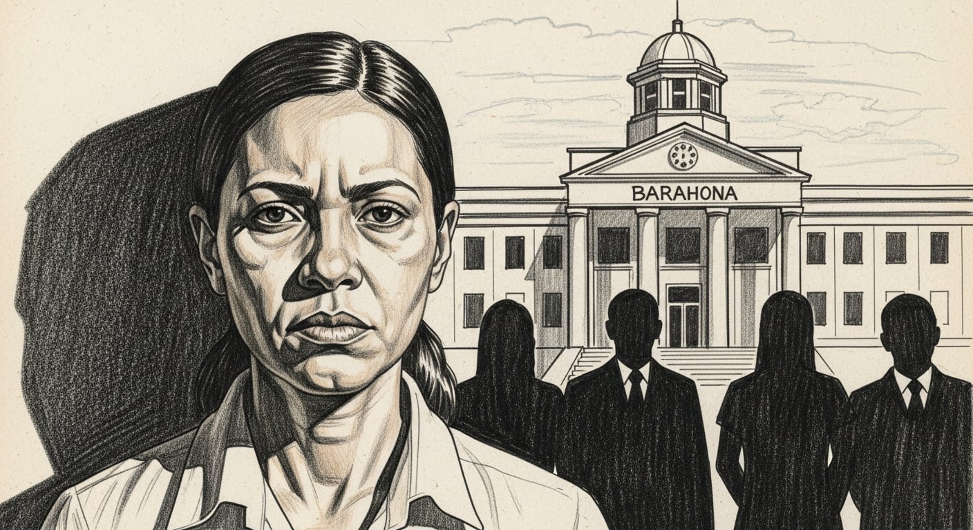 Una mujer condenada muestra un gesto serio frente al tribunal de Barahona, con varias figuras de maestros en segundo plano. (Imagen Ilustrativa Infobae)