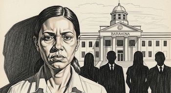 Dibujo de una mujer con expresión seria en primer plano, un edificio rotulado BARAHONA al fondo y tres siluetas de personas.