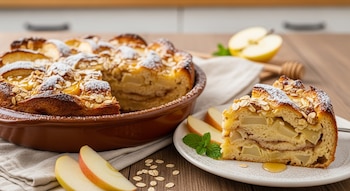 Budín de pan en un recipiente de cerámica marrón, con una porción en un plato blanco. Rodajas de manzana, avena esparcida y un cucharón de miel.