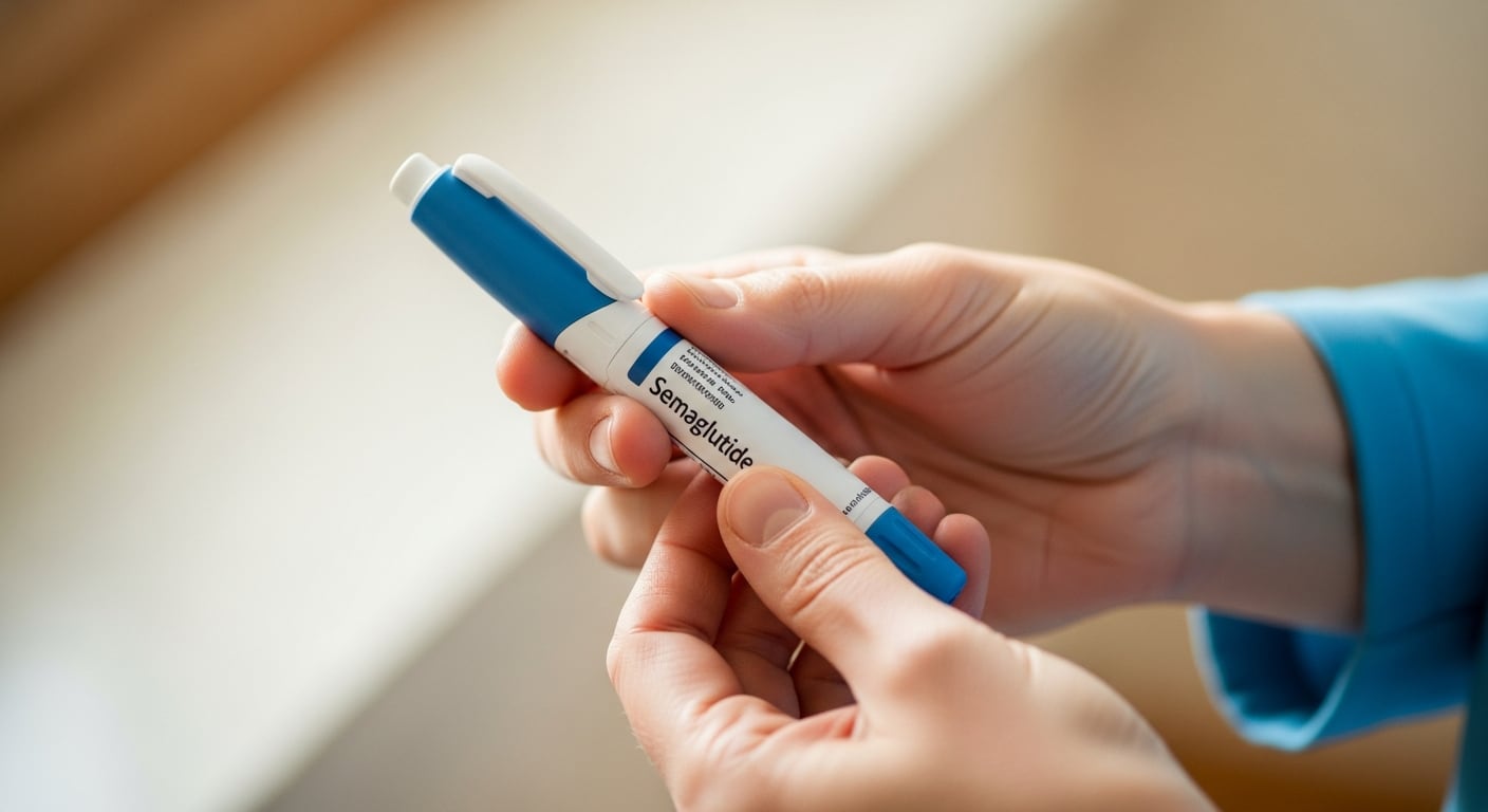 Manos de un adulto sostienen un dispositivo de inyección de semaglutida tipo pluma, utilizado para el tratamiento de la diabetes y el control del peso en un entorno clínico o doméstico. (Imagen Ilustrativa Infobae)