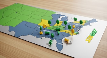 Un mapa de Estados Unidos con estados en verde y azul sobre una mesa de madera clara, cubierto con pines verdes y amarillos que marcan ubicaciones y el logo de Subway.