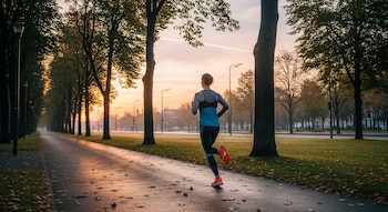Mujer de espaldas corre en un camino con árboles y farolas. El cielo muestra colores anaranjados y rosados de un amanecer.