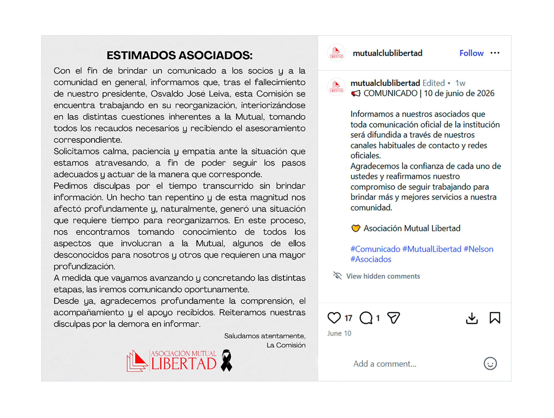 El descargo de la Asociación Mutual Club Libertad ante la ola de acusaciones (@mutualclublibertad)