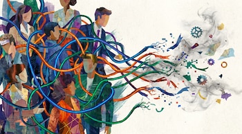 Ilustración digital de figuras humanas interconectadas por lazos de colores azul, naranja y verde que se deshilachan y se dispersan en fragmentos hacia la derecha, sobre un fondo neutro.