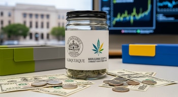 Frasco de cannabis etiquetado con sello municipal de Albuquerque y logo de fondo de reinversión. Billetes y monedas en mesa, edificio y gráficos económicos borrosos de fondo.
