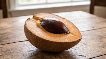 Fruta mamey cortada por la mitad en una mesa de madera, mostrando la pulpa de color naranja salmón y una semilla grande y oscura en el centro.