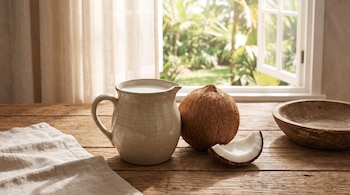 Una mesa de madera con una jarra de leche, un coco entero, un trozo de coco, un cuenco de madera vacío y un paño de lino. Hay una ventana abierta con cortinas y un jardín.