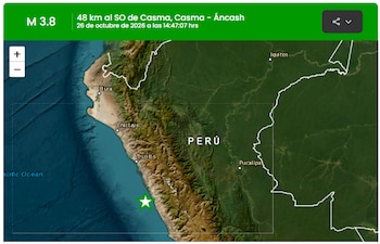 Mapa de Perú con una estrella verde en el océano Pacífico frente a Áncash y una franja superior que indica un sismo de magnitud 3,8