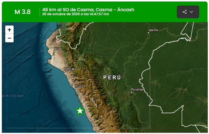 Un mapa sísmico señala la localización de un temblor de magnitud 3,8 a 48 kilómetros al suroeste de Casma, en el departamento de Áncash. (IGP)