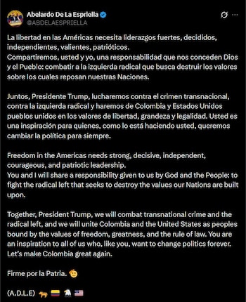 Abelardo de la Espriella respondió al respaldo de Donald Trump y aseguró que trabajará junto al mandatario estadounidense contra el crimen transnacional y la izquierda radical - crédito Abelardo de la Espriella/X