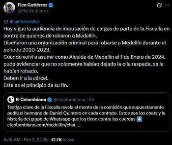 Federico Gutiérrez pidió sanciones ejemplares para los implicados en presunta corrupción bajo la administración de Daniel Quintero - crédito @FicoGutierrez