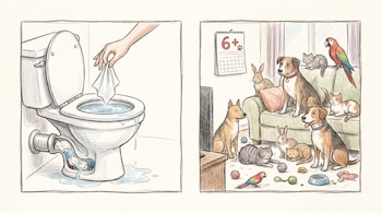 Una mano arroja una toallita húmeda a un inodoro que gotea. En otra escena, varios perros, gatos, conejos y loros en una sala con un calendario.