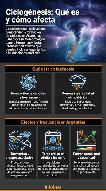 Infografía sobre ciclogénesis con un mapa de Argentina bajo un ciclón con relámpagos y lluvia, y paneles explicativos del fenómeno y sus efectos.