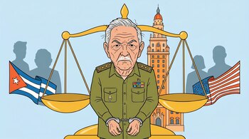 Caricatura de Raúl Castro con uniforme militar y esposas, de pie frente a una balanza de la justicia dorada. Al fondo, la Torre de la Libertad de Miami, banderas de Cuba y EE. UU. y siluetas.