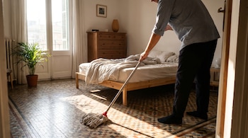 Vista de un hombre trapeando un suelo de mosaico de varios colores en un dormitorio con una cama, una cómoda y luz natural.