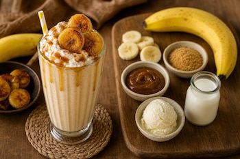 Vaso alto de batido con crema y banana caramelizada junto a una tabla de madera con banana, helado, jarabe, azúcar y una jarra pequeña de leche.