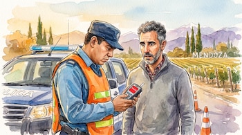 Un policía uniformado muestra el resultado "POSITIVO" en un alcoholímetro a un hombre con barba, junto a un coche policial y conos en Mendoza, con montañas y viñedos.