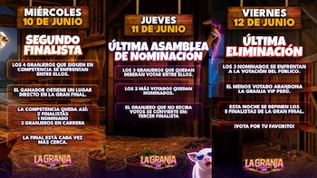Gráfico de 'La Granja VIP' en fondo de granero. Muestra el calendario final (10, 11 y 12 de Junio) con etapas clave: Segundo Finalista, Asamblea de Nominación, Eliminación y el logo