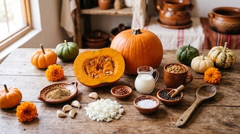 Calabazas enteras y cortadas, cebolla picada, ajos, especias en platos de barro, crema, semillas y flores naranjas sobre una mesa de madera.
