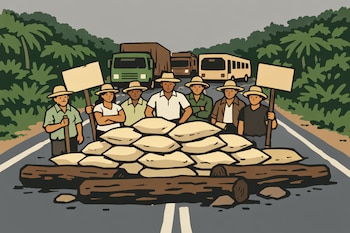 Ilustración de una carretera amazónica bloqueada por una barricada de sacos y troncos. Un grupo de siete agricultores sostiene carteles frente a vehículos detenidos y vegetación selvática.